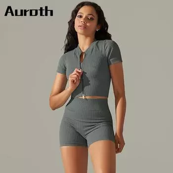 Auroth женский бесшовный комплект для фитнеса эластичная спортивная одежда для йоги с короткими рукавами вязаные шорты для тренировок Colthes S чёрный