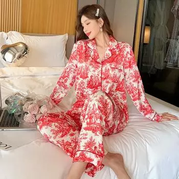 Auspicious Big Red Idyllic Style Women s Pajamas Classical Casual Chic Trend Nightgown Autumn M красный