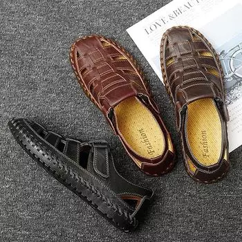 Australian big-name high-end leather sandals men s hollowed-out breathable outdoor woven hole shoes retro 38 чёрный
