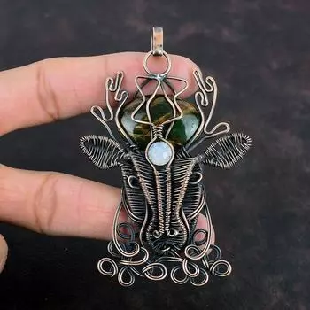 Australian Chrome Chalcedony Pendant Copper Wire Wrapped Gemstone Pendant Handmade Deer Face Pendant Rainbow Moonstone Pendant Gifts For Him