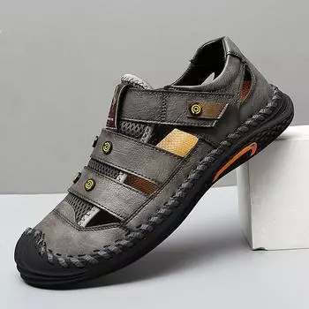 Оригинальные австралийские высококачественные кожаные сандалии мужские полые и дышащие уличные туфли с отверстиями под швами большого размера 38 чёрный