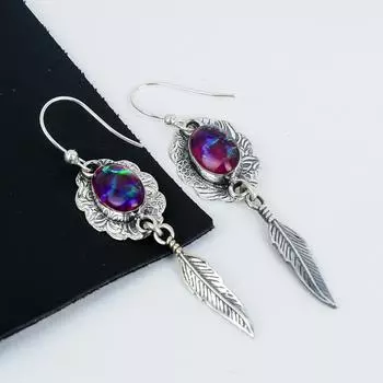 Australian Triplet Opal Gemstone Earrings, 925 Sterling Silver Earring, Handmade Boho Silver Jewelry Dangle Earrings, Party Wear Gift 2.75 фиолетовый