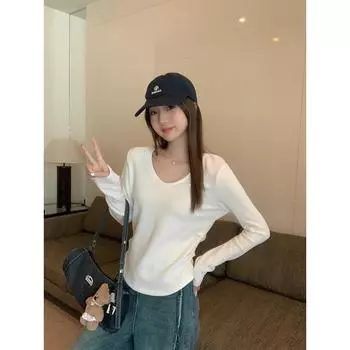 Australian velvet thickened V-neck long-sleeved women s right shoulder autumn and winter pleated inner slimming white sweet and spicy top S