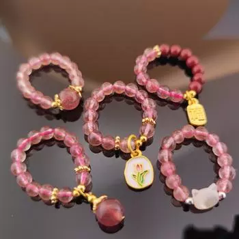 Аутентичное кольцо с бусинами из хрусталя в виде клубники: Элегантный китайский стиль в цвете розового гибискуса, ручная работа с легкой роскошью White Cat Strawberry