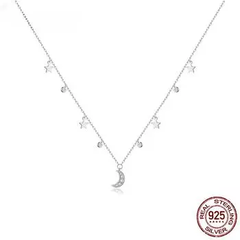 Аутентичное ожерелье из стерлингового серебра 925 пробы с белой подвеской в виде Луны и звезды для женщин, ожерелья-цепочки из серебра 925 пробы, ювелирные изделия