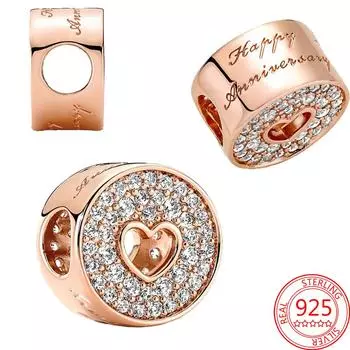 Аутентичное серебро 925 пробы, розовое золото, круглый вырез с паве и сердцем, подвеска на годовщину, подходит для модного браслета, ювелирные изделия, подарок на выпускной