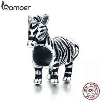 Аутентичные 925 пробы серебра BAMOER, милые бусины и подвески в виде зебры, подходящие для браслета и ожерелья своими руками SCC550