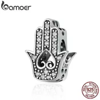 Аутентичные 925 пробы серебра BAMOER, подвески «Рука Фатимы на удачу», подходят оригинальные браслеты и ожерелья диаметром 3 мм, ювелирные изделия «сделай сам»