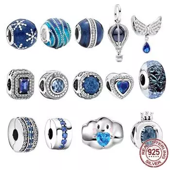 Аутентичные бусины из стерлингового серебра 925 пробы, сверкающие темно-синие подвески, подходят для оригинального браслета, ювелирные изделия, подарок для женщин