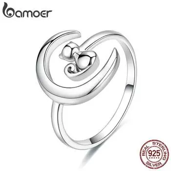 Аутентичные кольца на палец BAMOER из стерлингового серебра 925 пробы с лунным котом и регулируемым размером SCR451 серебряный