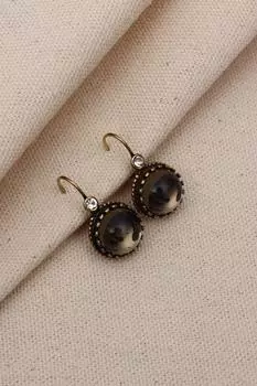 Аутентичные круглые серьги с камнем антрацитового цвета