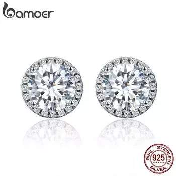 Аутентичные маленькие серьги-гвоздики BAMOER из 100% стерлингового серебра 925 пробы с ослепительным прозрачным фианитом