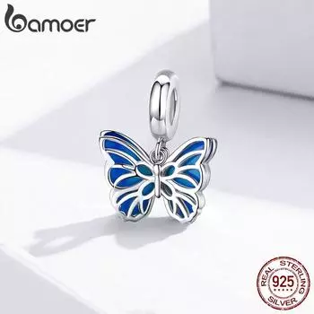 Аутентичные подвески-бабочки из стерлингового серебра 925 пробы BAMOER, синие эмалированные бусины, подходят для оригинального браслета Silver
