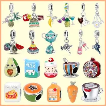 Аутентичные подвески из стерлингового серебра 925 пробы с ослепительными фианитами, подвески в виде ананаса, торта, шампанского, арбуза, подходят для самостоятельного изготовления белый