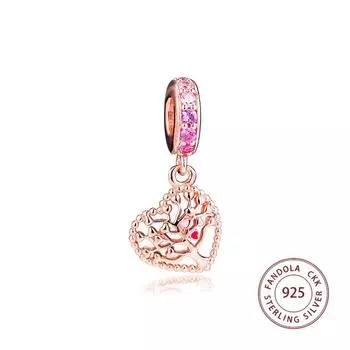 Аутентичные подвески из стерлингового серебра 925 пробы с розой и фианитом Дерево любви подходят для оригинального браслета, металлические бусины для изготовления ювелирных изделий