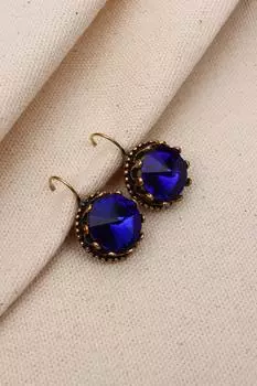 Аутентичные серьги большого размера с темно-синим круглым камнем