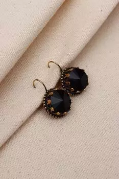 Аутентичные серьги большого размера с черным круглым камнем