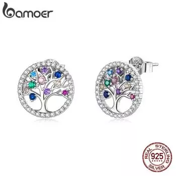 Аутентичные серьги-гвоздики BAMOER из стерлингового серебра 925 пробы, красочные серьги-гвоздики «Древо жизни», модные ювелирные изделия 925 silver