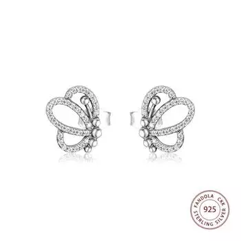 Аутентичные серьги-гвоздики из стерлингового серебра 925 пробы с контурами бабочки для женщин, свадебные серьги, модные ювелирные изделия, аксессуары Mujer