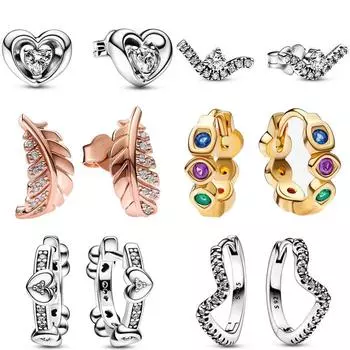 Аутентичные серьги из стерлингового серебра 925 пробы с волнистыми камнями бесконечности, плавающие изогнутые перья, сияющее сердце, модные серьги для женщин, подарочные ювелирные изделия белый