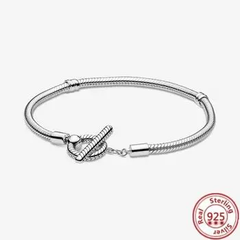 Аутентичные стерлингового серебра 925 пробы, цветочное сердце, Т-образная планка, базовые браслеты-цепочки со змеей, подходят оригинальные брендовые подвески, бусины, ювелирные изделия своими руками, женские ювелирные изделия 20cm