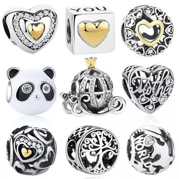 Аутентичные стерлингового серебра 925 пробы, европейская подвеска в виде кареты Золушки в виде тыквы, Золотая Корона, бусины, подходят к оригинальному браслету-подвеске