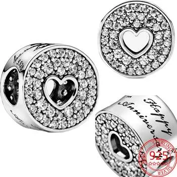 Аутентичные стерлингового серебра 925 пробы с круглым вырезом, паве и сердцем, подвеска на годовщину, подходит для модного браслета, ювелирные изделия, подарок на выпускной