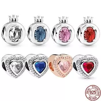 Аутентичные стерлингового серебра 925 пробы, сверкающее розовое сердце и красная корона, очаровательные бусины, подходят для милого модного браслета, ожерелье, женские украшения