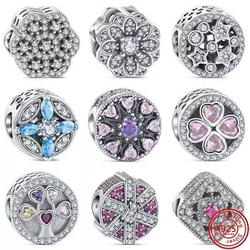 Аутентичные стерлингового серебра S925, прозрачный циркон с паве, сверкающее сердце, круглые роскошные бусины, подходящие для браслета, оригинальные ювелирные изделия