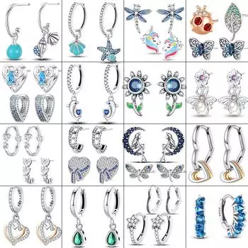 Аутентичные стерлингового серебра S925, сверкающие серьги-кольца, серьги-гвоздики, подсолнечник, божья коровка, луна, бабочка, цветы, женские блестящие роскошные ювелирные изделия CHINA