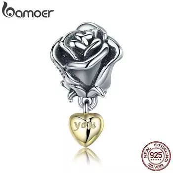 Аутентичный браслет BAMOER из стерлингового серебра 925 пробы с цветком розы и подвеской в форме сердца с подвеской в виде сердца SCC455