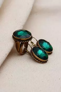 Аутентичный комплект ожерелья и серег с камнями зеленого цвета