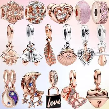 Аутентичный стерлингового серебра 925 пробы розовое золото замок сердце ключ цветок висячий Шарм подходит модный браслет 3 мм для девочки подарок DIY ювелирные изделия