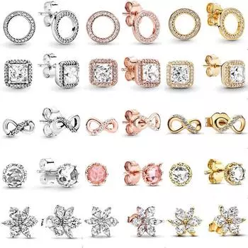 Подлинные серьги-гвоздики из стерлингового серебра 925 пробы с круглыми и бесконечными украшениями, квадратные серьги-гвоздики с блестками для женщин, европейский подарок, ювелирные изделия своими руками