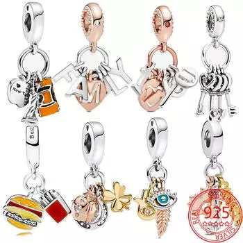 Authentic 925 Sterling Silver Enamel Hamburger Fries Charm Fit Fashion 3mm Bracelet Diy Pendant Jewelry Gift Making