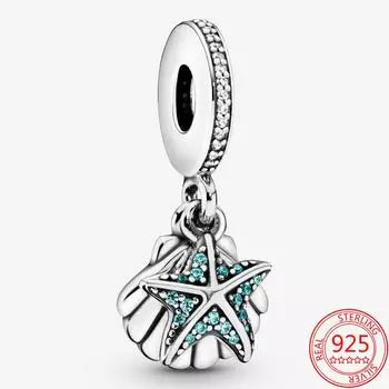 Authentic 925 Sterling Silver Marine Series Starfish and Sea Shell Dangle Charm Fit Fashion Bracelet Diy Pendant