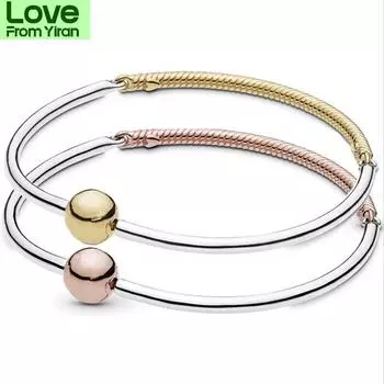 Подлинный браслет из стерлингового серебра 925 пробы с розовым золотом и тремя круглыми звеньями в виде змеиной цепи, подходит для женщин, бисер, подвеска, ювелирные изделия своими руками 18cm