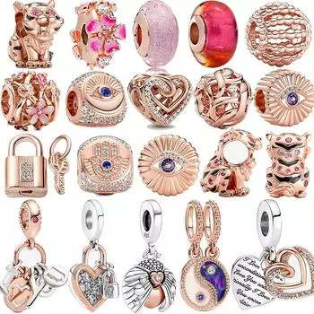 Authentic 925 Sterling Silver Rose Gold Pine Cone Feather Flower Dangle Charm Fit Fashion 3mm Bracelet for Girl Gift Diy Jewelry