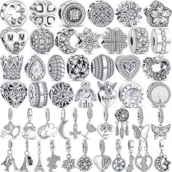 Подлинный S925 стерлингового серебра сверкающий прозрачный циркон простой кулон шарм бусины подходит оригинальный браслет ювелирные изделия своими руками