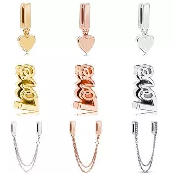 Authentic Sparkling Rose Sliver Gold Color Safety Chain Reflexions Clip Bead Fit 925 Sterling Silver Bracelet Necklace Jewelry