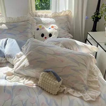 Autmn Winter Duvet Cover Set A-Class High Weight Milk Velvet Flower Jacquard Colored Tulip Girl Lace Simple Bedding Set Warm for 1.2m 3pcs