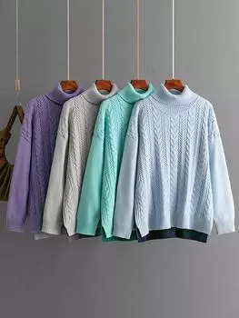 Autmun Chic Twists Sweater For Women Loose Long Sleeves High Collar Vintage Solid Women s Knitted Pullover Fashion Lady Jumpers One Size зелёный