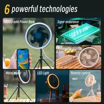 Auto Oscillation 10000mAh Camping Tent Fan Desktop Portable Circulator Wireless Ceiling Electric Fan with Remote Control