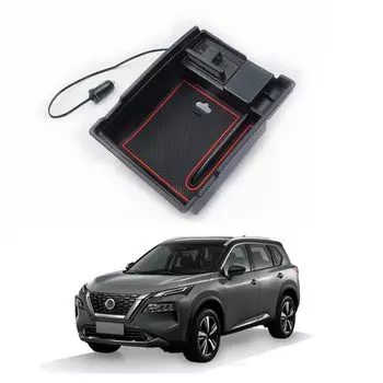 Auto Spec подходит для Nissan T32, передняя и задняя консольная коробка, автомобильный ящик для хранения вещей с 2 портами USB для зарядки, с датчиком и светодиодом, для хранения мелких предметов, легко чёрный