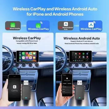 Auto Wireless Carplay Android Wireless Adapter Smart Dongle 2in 1 2.4G & 5.8Ghz WiFi BT Auto Connect Plug&Play For Wired AA CP 365 days guarantee