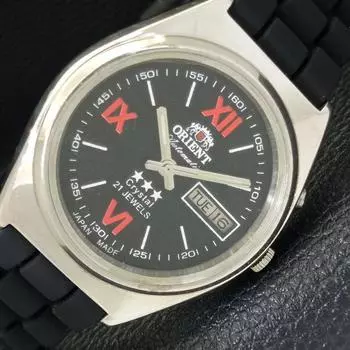 AUTOMATIC ORIENT CRYSTAL 46941 JAPAN MENS DAY&DATE BLACK DIAL WATCH a431931-2 R109-a431931