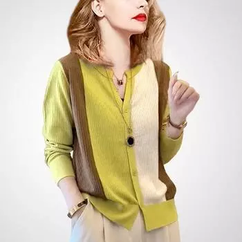 Autumn 2025 New Arrival Fancy Color Stitching Knitted Cardigan Female French Slimming Thin Younger Slim-Fit Long Sleeves Tops Yellow color matching L