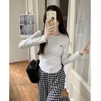 Autumn age-reducing wear butterfly embroidery pleated waist round neck long-sleeved T-shirt women s stretch slim bottoming shirt top S