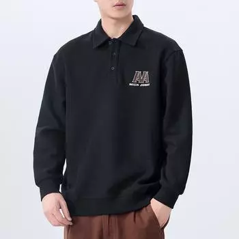 Осенняя американская черная рубашка поло с длинными рукавами, свитер для мужчин, свободный, большой размер, тяжелый, модный, мужской топ с лацканами M чёрный