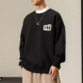 Осенний американский тяжелый черный свитер с круглым вырезом, мужской свободный, большого размера, повседневный, с принтом, корейская версия, тренд M глубокая кофе